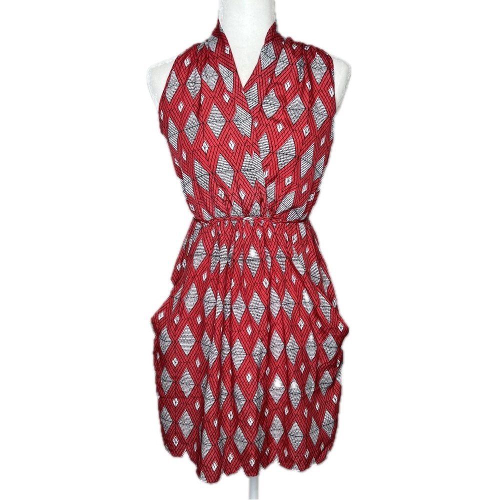 Collective Concepts Dress Sleeveless Pockets Geometric Diamond Red White XS - Picture 3 of 15
